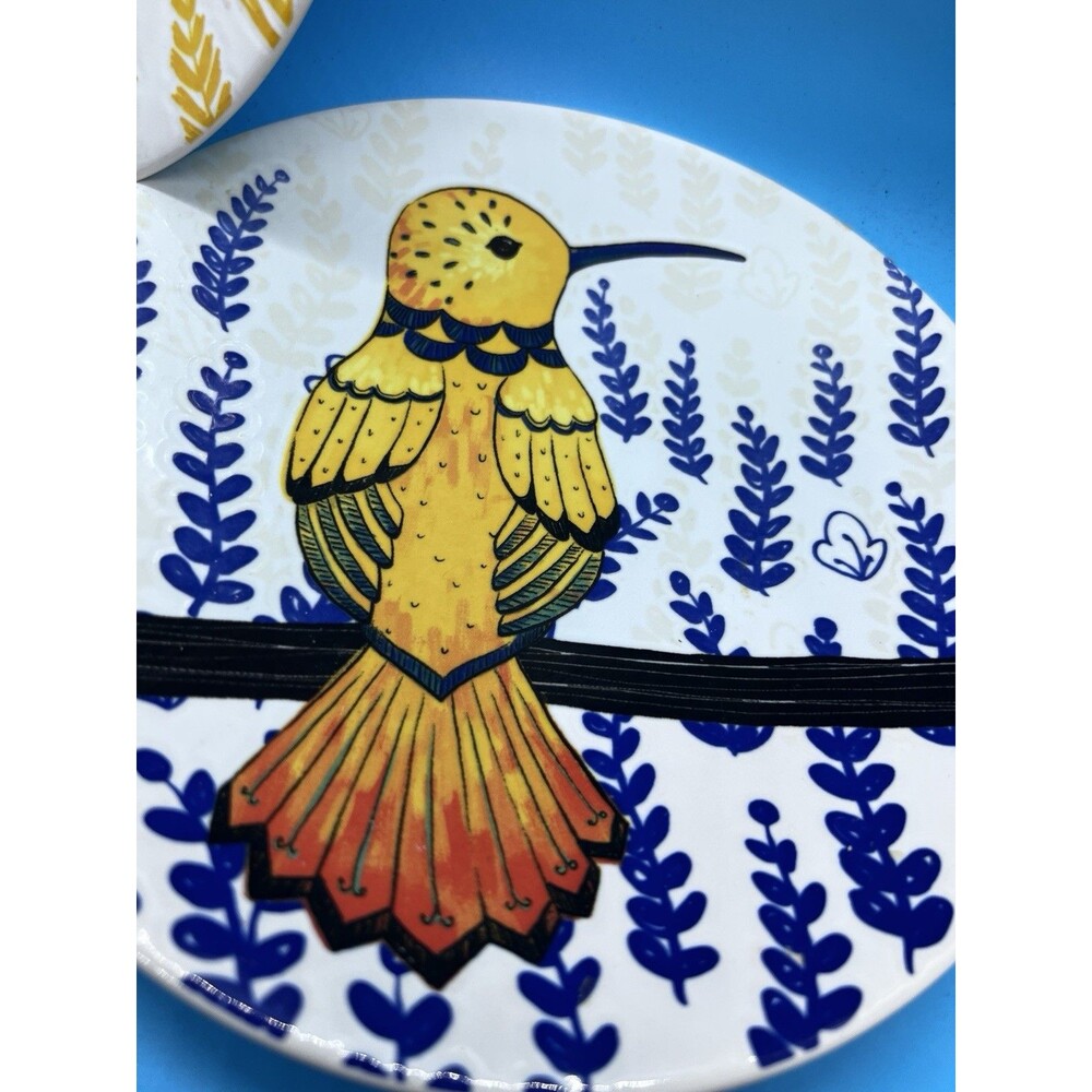 3 Pier 1 Tropical Bird Salad Plates 8" Stoneware Toucan Hummingbird bright happy - Picture 3 of 8